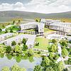 Der Campus des Zentralklinikums Lörrach mit dem Komplex der Kreiskliniken mitsamt dem begrünten Sockel (Mitte) und dem Zentrum für ...
