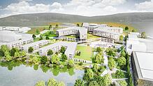 Der Campus des Zentralklinikums Lörrach mit dem Komplex der Kreiskliniken mitsamt dem begrünten Sockel (Mitte) und dem Zentrum für ...