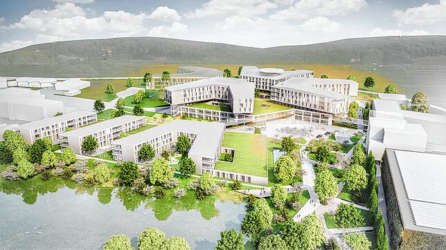 Der Campus des Zentralklinikums Lörrach mit dem Komplex der Kreiskliniken mitsamt dem begrünten Sockel (Mitte) und dem Zentrum für ...