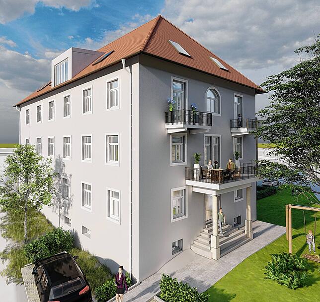 Bestandsgebäude, Haus 1, der Altbau, bleibt in den Balkonfronten erhalten. Vor das Gebäude kommt ein 73 Quadratmeter großer Spielplatz.