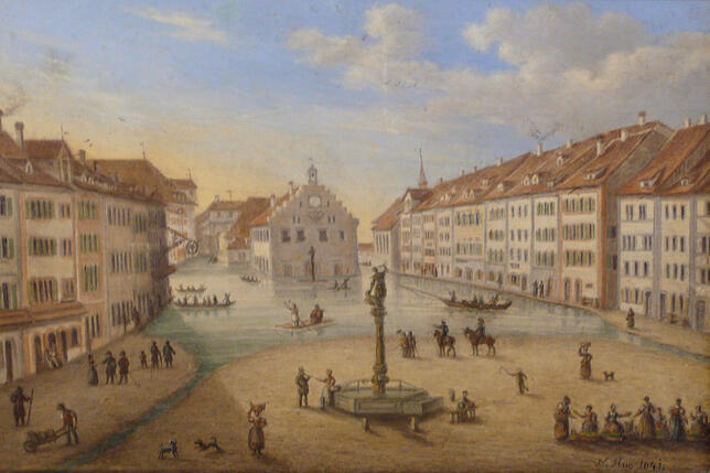 Bodensee Hochwasser 1817. Höchster Pegelstand am 07.07.1817 betrug 6,36 m (laut wikipedia).
Bild von Nikolaus Hug zeigt die ...