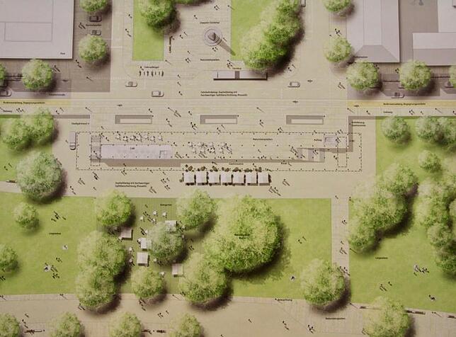 Die Idee einer filigranen Säulenhalle südlich des Bahnhofsvorplatzes überzeugt die Jury.