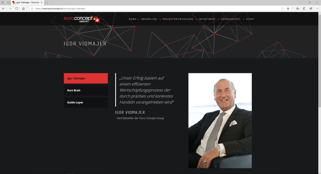 Der Screenshot zeigt Igor Vidmajer als „Vertriebsleiter der Euro Concept Group“. Eine zuvor von ihm geleitete Firma mit Sitz ...