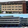 Vorher und nachher: Links das Klinikum Hochrhein im Frühjahr 2020, rechts im September 2021 mit dem neuen Anbau, der auf dem Vorplatz ...