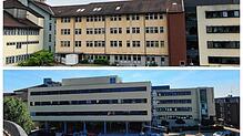Vorher und nachher: Links das Klinikum Hochrhein im Frühjahr 2020, rechts im September 2021 mit dem neuen Anbau, der auf dem Vorplatz ...