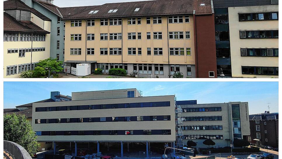 Vorher und nachher: Links das Klinikum Hochrhein im Frühjahr 2020, rechts im September 2021 mit dem neuen Anbau, der auf dem Vorplatz ...