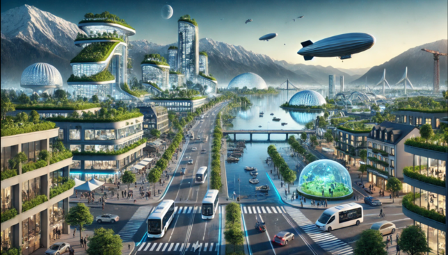 (KI generiertes Bild) Futuristisch und weiterhin mit Zeppelin, Friedrichshafen im Jahr 2124.
