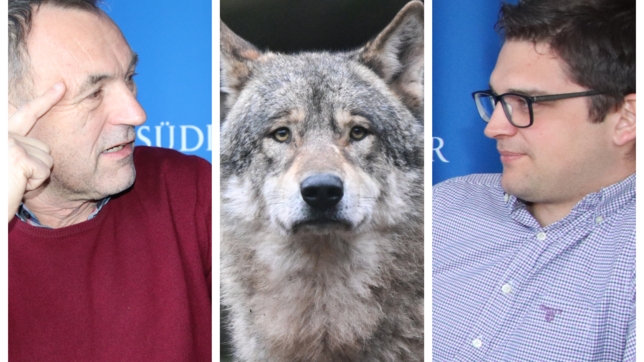 Biologe Rainer Luick (links) und Bauernvertreter Lukas Schaudel diskutieren über den Wolf in Baden-Württemberg.