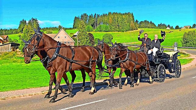 Im Vierspänner geht es für Gotterkutscher Stephan Dold (links) und seinen Helfer Bruno Baier zu einer Hochzeit – ganz stilecht mit Frack ...