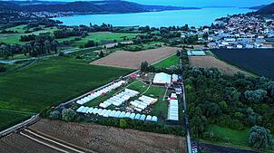 Der Blick von oben auf das Zeltlager und den Bodensee: Hier campen momentan rund 1000 Mitglieder der Jugendfeuerwehren im Landkreis.