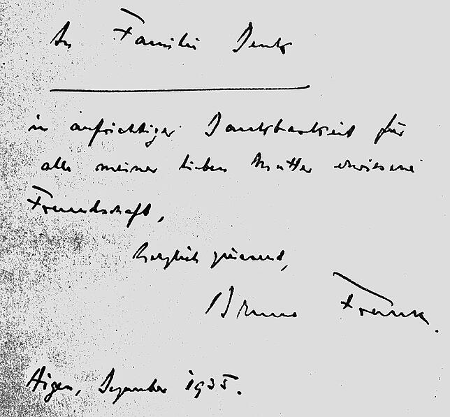Die Widmung Bruno Franks auf der Signierseite seines Romans „Cervantes“ für die Familie Denk.
