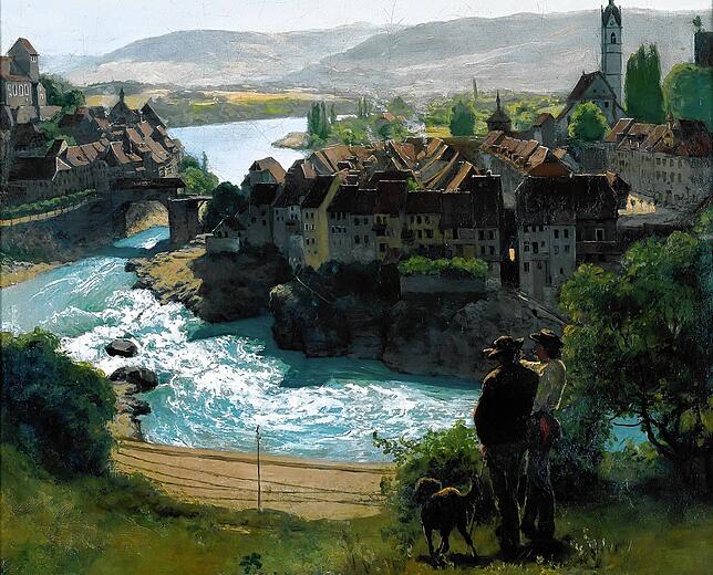 Hans Thoma malte 1870 den „Rhein bei Laufenburg“. Das Bild (Ausschnitt) zeigt den Blick damals von unmittelbar unterhalb des Gasthauses ...