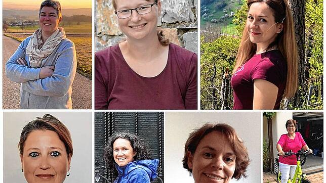 Emsige Mund-Nasenschutz-Näherinnen aus Klettgau und Dettighofen: Von links oben die Näherinnen Michaela Epp, Claudia Schnopp, Judith ...