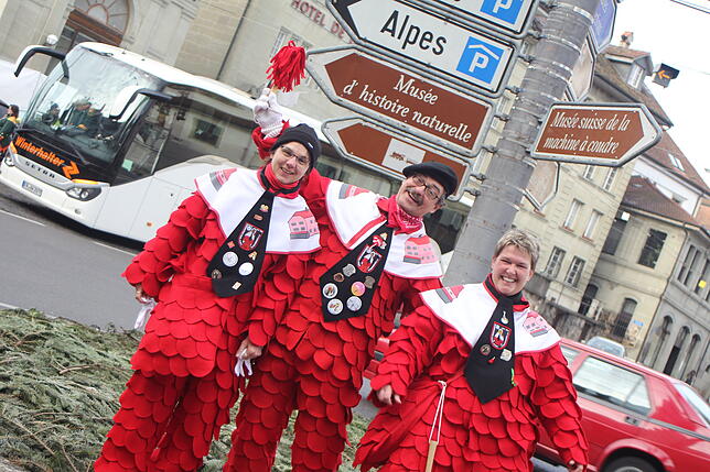 Bild 9: Hästräger und Guggenmusiker aus VS beim Narrentreffen in Fribourg am Sonntag (1)
