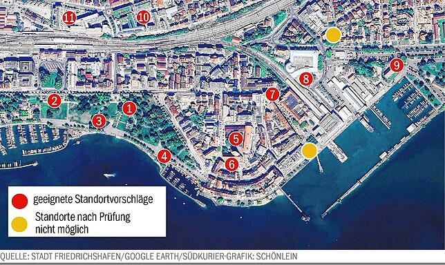 Möglichen Standorte für die Pop-up-Gastronomie: Am Musikpavillon im Uferpark, am Zeppelindenkmal, an der Musikmuschel, am Gondelhafen, ...