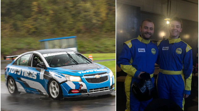 Felix und Oskar Müller in ihren Overalls am Nürburgring (rechts). Dort konnten sie in einem Tourenwagen erste Kilometer sammeln (links).