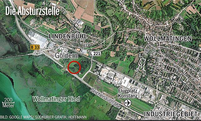 Der Ort des Absturzes: Die Maschine geht parallel zur B33 und nahe der Reichenauer Waldsiedlung im Naturschutzgebiet Göldern zu Boden.