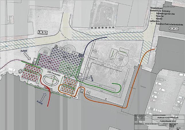 Der Plan zum Konzept: Die langen Linien zeigen an, auf welchem Weg die fünf verschiedenen Zuschauergruppen ihre Plätze ansteuern sollen.