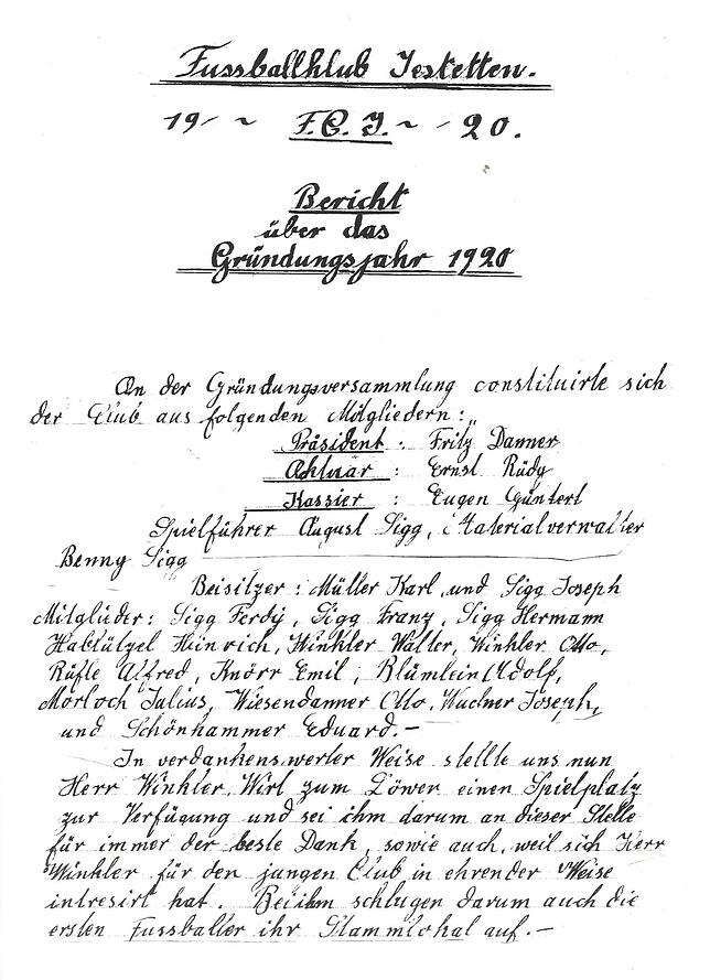 Das Protokoll aus dem Anfangsjahr 1920, damals noch als FC Jestetten.