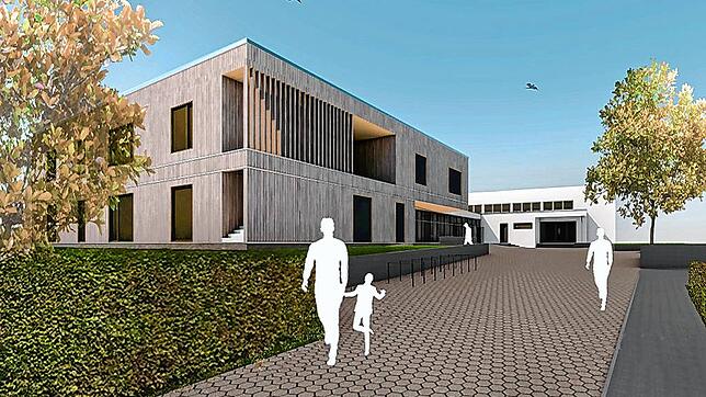 So soll der neue Kindergarten St. Michael in Ludwigshafen aussehen. Das Gemeindezentrum (hinten) bleibt bestehen.