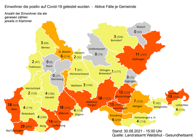 Aktive Corona-Infektionen und Genesene in den Städten und Gemeinden im Landkreis Waldshut am 30. August 2021.