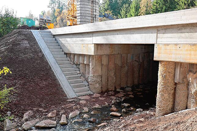 Der Treppenabgang an der neuen Kuhmoosbachbrücke dient zu künftigen Überprüfung des Ist-Zustandes der Brückenbauwerks und hilft bei der ...