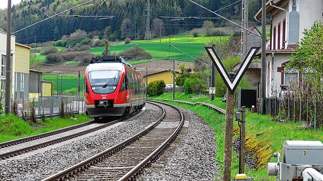 Der Zug fährt an Gutmadingen vorbei, wie hier auf unserem Bild aus dem April 2021.