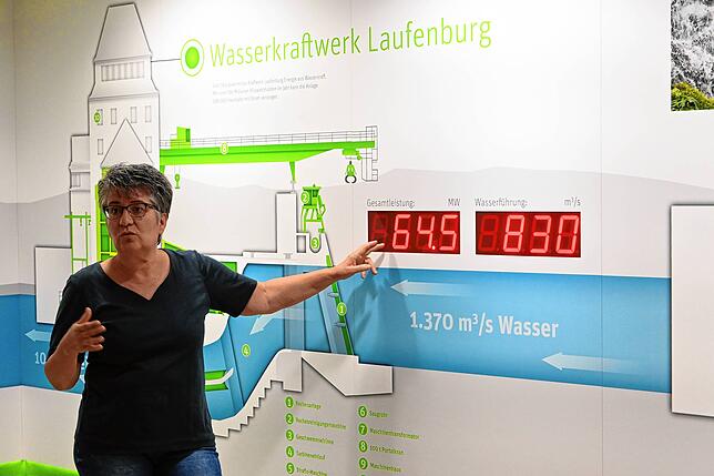Sabine Trapp-Brüstle erläutert den aktuellen Durchfluss (830 Kubikmeter) und die daraus gewonnene Energiemenge (64,5 Megawatt).