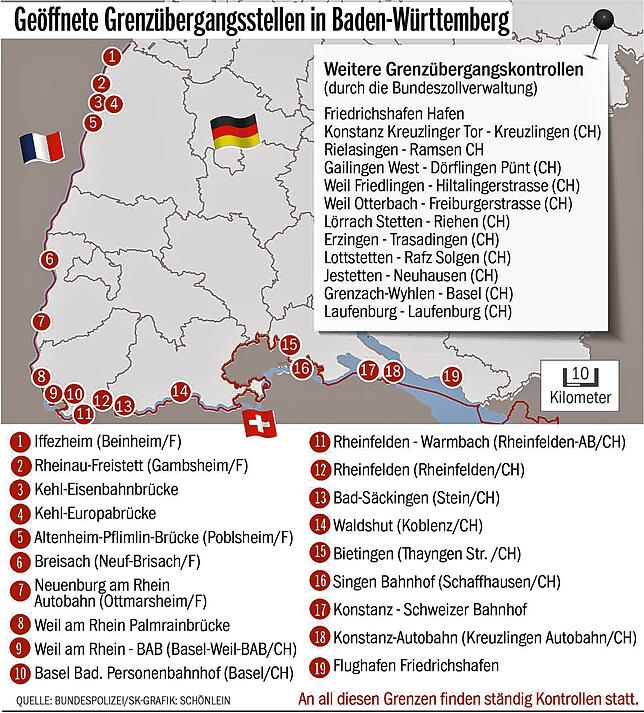 Diese Grenzüberänge in Baden-Württemberg sind zwar aktuell geöffnet, werden aber ständig von Beamten der Bundespolizei überwacht. Hier ...