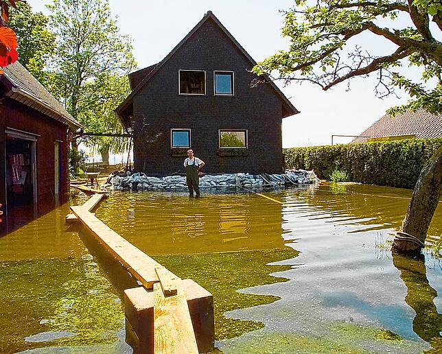 Land unter im Seewiesenesch am Ostende von Friedrichshafen: Das Hochwasser überschwemmte dieses Grundstück, das eigentlich am See, nicht ...