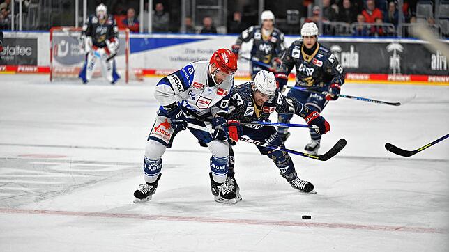 Die Schwenninger Wild Wings um Ben Marshall (links) setzen sich am Ende mit 5:3 gegen die Adler Mannheim (rechts Jordan Szwarz) durch. ...