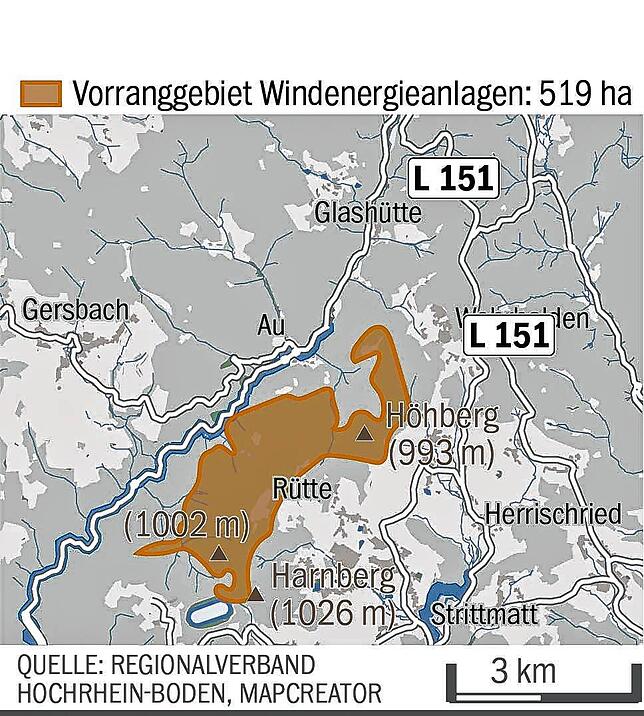 Bild 3: Bei Herrischried könnten bis zu zwölf 280 Meter hohe Windräder errichtet werden