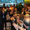 2011: Bundeskanzlerin Angela Merkel winkt am 16. März der jubelnden Menge in der Waldshuter Stadthalle zu. Es ist der deutschlandweit ...