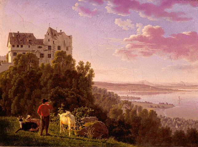 Das Gemälde des Schweizer Malers Johann Jakob Biedermann zeigt Schloss Salenstein, das über dem Untersee mit Blick auf die Reichenau thront.
