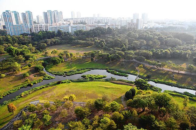 Der Bishan-Ang Mo Kio Park bei Trockenheit: Fußwege, Wiese und Freizeitfläche.