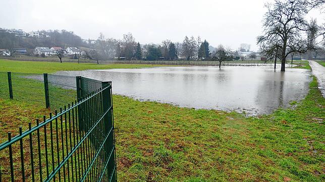 Nach den starken Regenfällen am Wochenende und der Schneeschmelze steht das Wasser auf den Wiesen &ndash; wie hier in Nollingen.