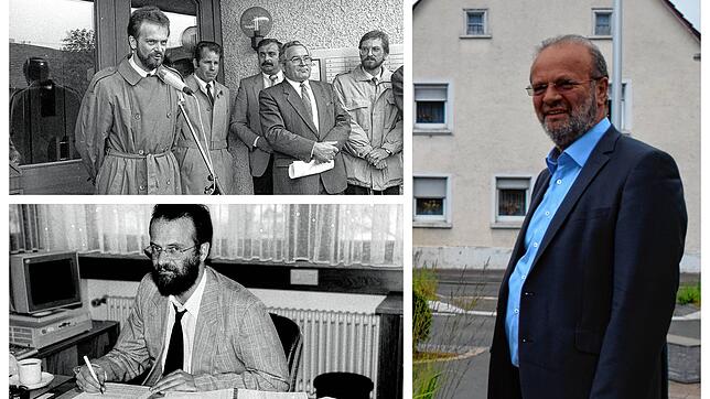 Bernhard Volk in den Jahren 1989 nach der ersten Wahl zum Bürgermeister, 1997 am Schreibtisch und 2020 vor dem Rathaus.