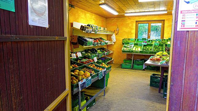 Im Hofladen des Eulenhofs gibt es eine große Auswahl an Obst und Gemüse. Aber auch einige Kühlprodukte und Säfte gibt es.