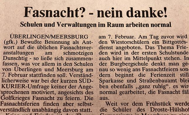 Ein SÜDKURIER-Bericht aus dem Februar 1991 zur Fastnachtstimmung unter der Bevölkerung.