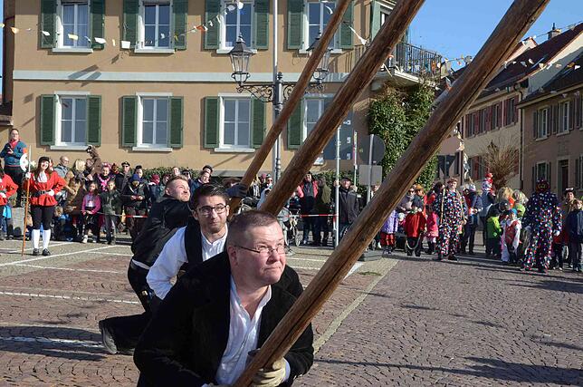Bevor der Narrenbaum steht, heißt es ganz schön stemmen. Angeleitet von Alfon Viellieber legte sich die Aufstellmannschaft mächtig ins Zeug.