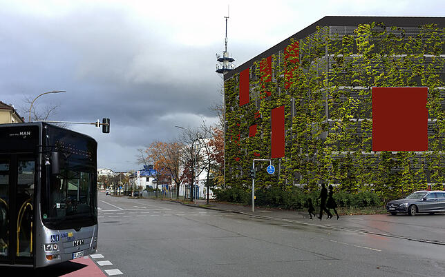 So könnte das neue Parkhaus an der Bahnhofstraße aussehen, wenn die Fassadenbegrünung angewachsen ist. Bild: Büro Schmitt-Förster