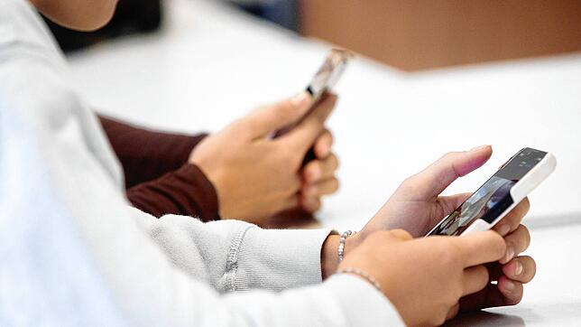 Schüler benutzen während eines Vortrags im Biologieunterricht über die Anwendungen von Künstlicher Intelligenz (KI) ihr Smartphone im ...
