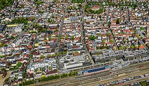 Die Singener Innenstadt von oben. Die Stadt will nach der Sanierung der östlichen Innenstadt bald die westliche Innenstadt erneuern.