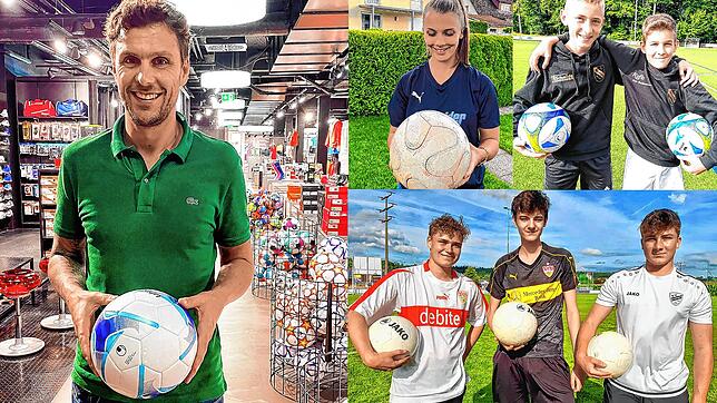 Alexander Kupprion von der SPORT MÜLLER GmbH (links) will gemeinsam mit dem SÜDKURIER den regionalen Fußballern den Saisonstart ...