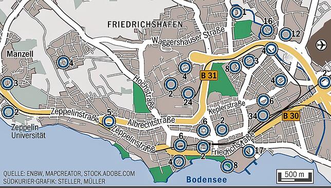 Die Grafik listet die aktuell öffentlich nutzbaren Ladepunkte in Friedrichshafen auf, wobei Ladesäulen an mehreren Standorten in einer ...