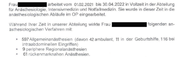 Ein Auszug aus dem Arbeitszeugnis der falschen Ärztin vom Klinikum Hochrhein in Waldshut-Tiengen. Bei genauerem Hinsehen ist der ...