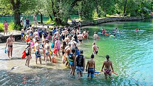 Beliebt ist das grenzüberschreitende Rheinschwimmen im Sommer – hier ein Archivbild aus Rheinfelden. Doch die Gefahren des Flusses ...