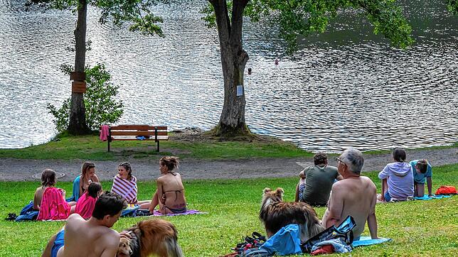 Abstand wird auf der Liegewiese am Schlüchtsee in Grafenhausen eingehalten, auch bei den Vierbeinern.