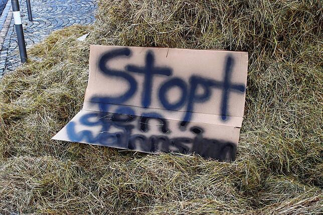 Mit Plakaten aus Kartons machen Unbekannte ihrem Ärger am Mönchweiler Rathaus Luft.