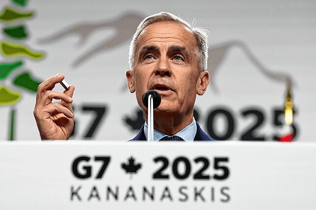 Kanadas Premierminister Mark Carney während der Abschlusspressekonferenz des G7-Gipfels.